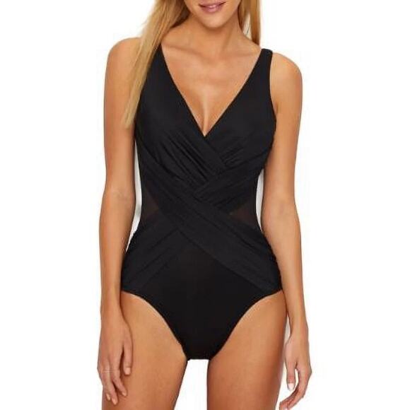 Miraclesuit Black Crossover With Mesh V-Neck One Piece Swimsuit Size 12 NWT